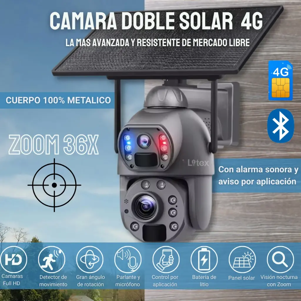 CAMARA SEGURIDAD SOLAR - DOMO DOBLE LENTE 4G ZOOM 36X