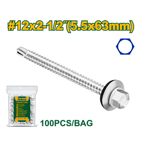 TORNILLO PUNTA MECHA - CABEZA HEXAGONAL - TAMAÑO: #12 X 2-1/2 (5.5 X 63MM) - ACERO AL CARBONO DE ALTA CALIDAD - 100 UNIDADES / BOLSA