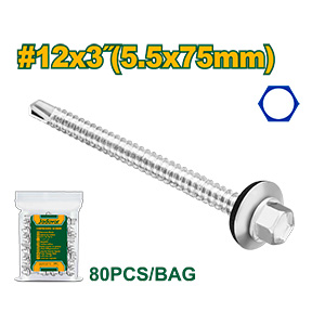 TORNILLO PUNTA MECHA - CABEZA HEXAGONAL - TAMAÑO: #12 X 3 (5.5 X 75MM) - ACERO AL CARBONO DE ALTA CALIDAD - 80 UNIDADES / BOLSA