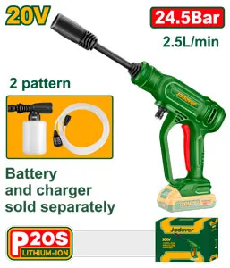 PISTOLA DE HIDROLAVADO INALAMBRICA. TENSION 20V. INCLUYE JUEGO DE PISTOLA. MANGUERA DE ENTRADA DE AGUA 3M CON CONECTOR RAPIDO. PRODUCTOR DE ESPUMA 200ML. NO INCLUYE BATERIA Y CARGADOR