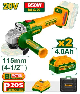 AMOLADORA ANGULAR INALÁMBRICA BRUSHLESS 3000/9000 RPM CON DOS BATERÍAS LI-ION 4Ah - 20V - DIÁMETRO DEL DISCO: 115MM - ROSCA DEL HUSILLO: M14 - INCLUYE CARGADOR - EN MALETIN
