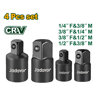 KIT DE VASOS DE IMPACTO DE 4 PIEZAS DE 1/2 - TAMAÑOS: 1/4(F) Y 3/8(M). 3/8(F) Y 1/4(M). 3/8(F) Y 1/2(M) 1/2(H) Y 3/8(M) - ACERO 50BV30 (CR-V) + TRAT. TÉRMICO