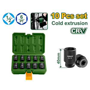 KIT DE VASOS DE IMPACTO DE 10 PIEZAS DE 1/2 - 40MM - TAMAÑO: 10. 12. 13. 14. 15. 17. 19. 21. 22. 24MM - MATERIAL: CR-V + TRAT. TÉRMICO