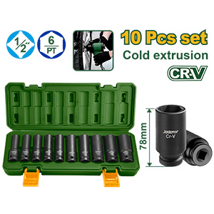 KIT DE VASOS DE IMPACTO DE 10 PIEZAS DE 1/2 - 78MM - TAMAÑO: 10. 12. 13. 14. 15. 17. 19. 21. 22. 24MM - MATERIAL: CR-V + TRAT. TÉRMICO