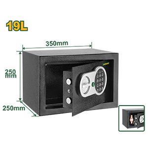 CAJA FUERTE ELECTRÓNICA - VOLUMEN: 19L - MEDIDAS: (A X L X P) 25 X 35 X 25 CM - ESPESOR (PUERTA/CUERPO DE CAJA): 3/1.5 MM - CÓDIGO DE 3 A 8 DÍGITOS LIBREMENTE