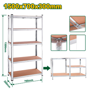 ESTANTES DE ALMACENAMIENTO AJUSTABLES: 5 NIVELES - 700 X 300 X 1500MM - CAPACIDAD DE CADA ESTANTE: 175KG - MATERIAL MADERA Y ACERO GALVANIZADO - PESO 8.8KG