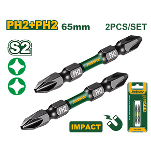 PUNTAS DE DESTORNILLADOR DE IMPACTO DOBLE - (PH2 + PH2) X 65MM - 2 PIEZAS/JUEGO - AC. S2 ENDURECIDO Y REVENIDO