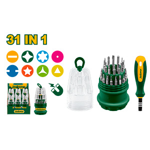 Kit de destornilladores de precisión 31 en 1 - Acero CR-V - Mango suave + 30 puntas de 4 x 28mm: 7 SL + 4 PH + 6 hexagonal + 8 torx + U2.0 + Y3 + 5 estrellas 2.0 + punzón + triángulo 2.3