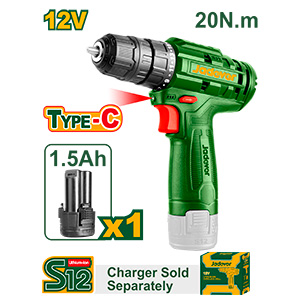 TALADRO INALÁMBRICO 750 RPM - VOLTAJE: 12V - MÁX. PAR: 20NM - PORTABROCAS: 0.8 - 10MM - AJUSTES DE PAR: 15+1 - LUZ LED - BATERÍA DE 1.5AH - TERMINAL DE CARGA: USB TIPO C (CARGADOR NO INLUIDO)