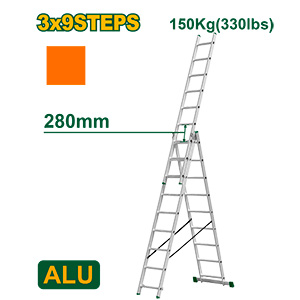 ESCALERA EXTENSIBLE DE 3 TRAMOS - ESCALONES: 3X9 - ALUMINIO - ALTURA EXTENDIDA: 5920 MM - ALTURA CERRADA: 2560 MM - MÁX. CARGA: 150KG