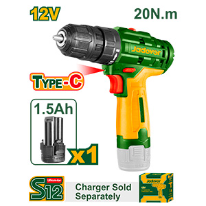 TALADRO INALAMBRICO 1500 RPM - VOLTAJE: 12V - MÁX. PAR: 20NM - PORTABROCAS: 0.8 - 10MM - AJUSTES DE PAR: 15+1 - 2 VELOCIDADES - BATERÍA DE 1.5AH - TERMINAL DE CARGA: USB TIPO C (CARGADOR NO INLUIDO)
