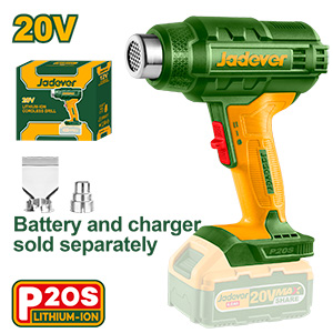 PISTOLA DE CALOR INALÁMBRICA - VOLTAJE: 20V - TEMPERATURA: 300/550°C - FLUJO DE AIRE: 100/200 L/MIN - INCLUYE: BOQUILLA REDUCTORA + BOQUILLA REFLECTORA - NO INCLUYE BATERÍA NI CARGADOR