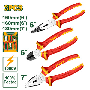 Kit Pinzas aisladas 3 piezas: Pinza universal 7 . Pinza de punta larga 6 . Alicates de corte diagonal 6 . Máx tensión 1000V