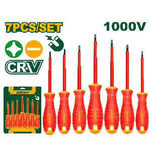Kit de destornilladores aislados de 7 piezas - Planos: SL3.0 - SL4.0 - SL5.5 - SL6.5 + Phillips: PH0 - PH1 - PH2 - Ailsación: 1000V - Mango de agarre suave rojo