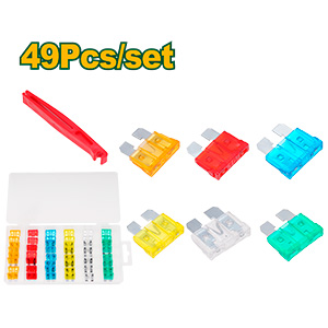 JUEGO DE FUSIBLES PARA AUTOMÓVIL DE 49 PIEZAS - PC + ZINC - CORRIENTES: 5 A. 10 A. 15 A. 20 A. 25 A. 30 A + 1 CLIP DE SEGURIDAD