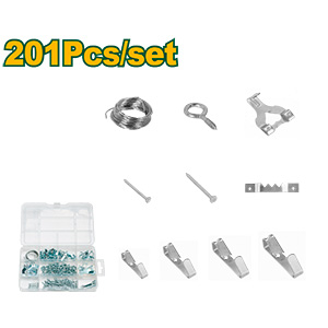 KIT DE SUSPENSION DE CUADROS DE 201 PIEZAS - ACERO AL C - 54 GANCHOS + 50 TORNILLOS + 96 CLAVOS + 1 ROLLO DE ALAMBRE