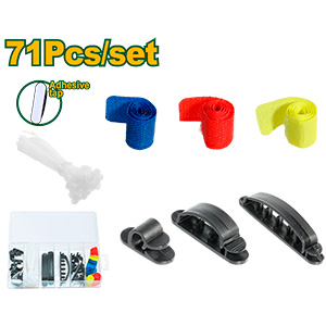 KIT ORGANIZADOR DE CABLES DE 71 PIEZAS - PA + PE + ACERO AL C - 6 PORTACABLES GRANDES + 4 PORTACABLES MEDIANO + 8 PORTACABLES CHICO + 50 PRECINTOS 100MM + 6 CINTAS CON VELCRO