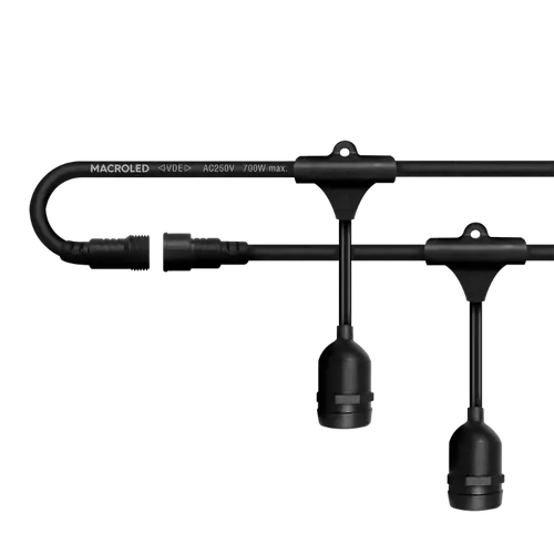 GUIRNALDA NEGRA 10Mts X 20 PORTAMPARAS E27 MACROLED IP66 250V 700W MAX