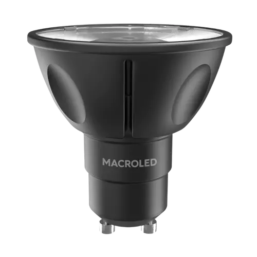 DICROICA MACROLED ALUMINIO NEGRA COB GU10 6.5W DIM AC180-265V 36° FP>0.8 2700K 600LM