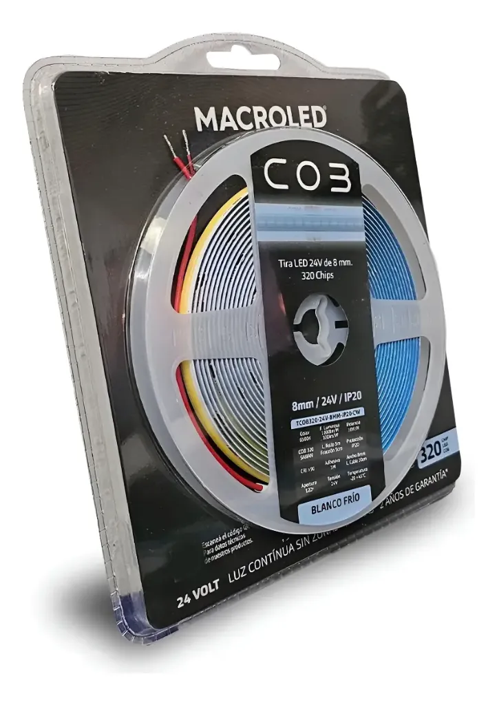 TIRA COB 320 LED X METRO MACROLED BCO CALIDO, 2700K, DC24V, 5MM, IP20, 8W, CRI90, 90LM/W, ROLLO 5 METROS