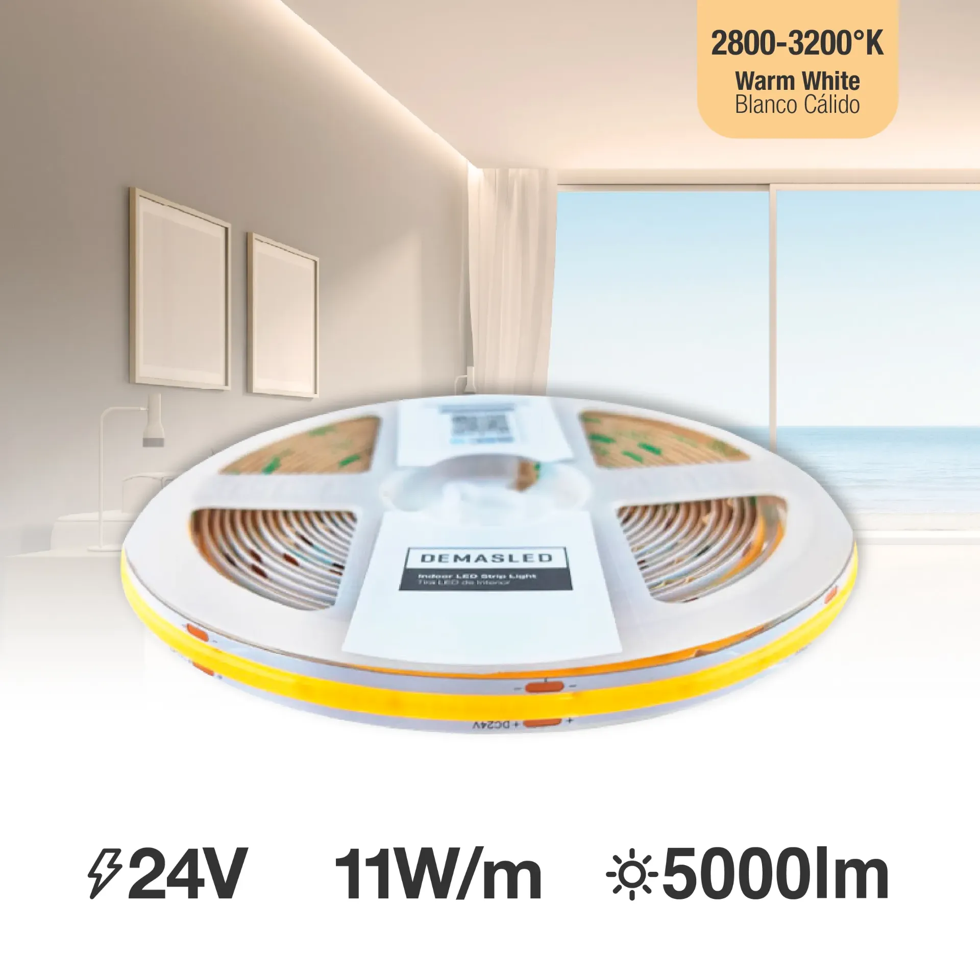 Tira LED COB 24V 10W/m.  Blanco Cálido 1100lm/m 480 LEDs/m. 8mm. 5m