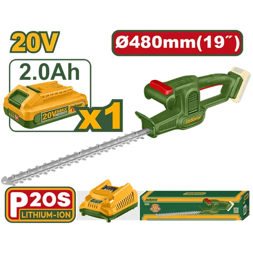 CORTACERCO INALAMBRICO 20V VELOCIDAD MÁXIMA: 2400SPM LONGITUD DE CORTE DE LA HOJA: 480 MM DIÁMETRO MÁXIMO DE CORTE: 16 MM CUCHILLA CORTADA CON LÁSER INCLUYE: BATERIAS Y CARGADOR