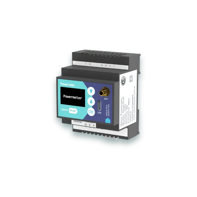 [Powermeter Solar Smart PRO5] Medidor industrial con RS485, pantalla, memoria SD, antena externa y medición de neutro. Incluye plan inicial de Powermate ilimitado.