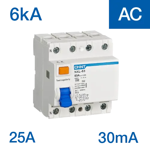 DISYUNTOR TETRAPOLAR CHINT NXL - 25A - 30mA - Clase AC - 6kA