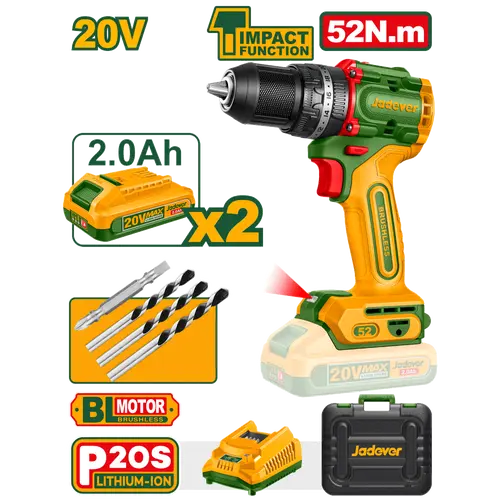 TALADRO ATORNILLADOR CON IMPACTO MOTOR BRUSHLESS 20V PAR MÁXIMO: 52 NM MANDRIL: 13 MM AJUSTES DE PAR: 22+1+1 ENGRANAJE MECÁNICO DE 2 VELOCIDADES INCLUYE: BATERÍAS Y CARGADOR BROCAS
