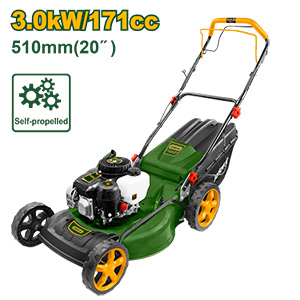 CORTACÉSPED DE GASOLINA - 171 CC - 3,0 KW (4.5HP) - 2800 RPM - AUTOPROPULSADO - DESCARGA LATERAL - MOTOR 4 TIEMPOS - ALTURA DE CORTE: 25 - 70MM - ANCHO DE CORTE: 510MM (20'') - BOLSA DE RECOLEC. 65 L