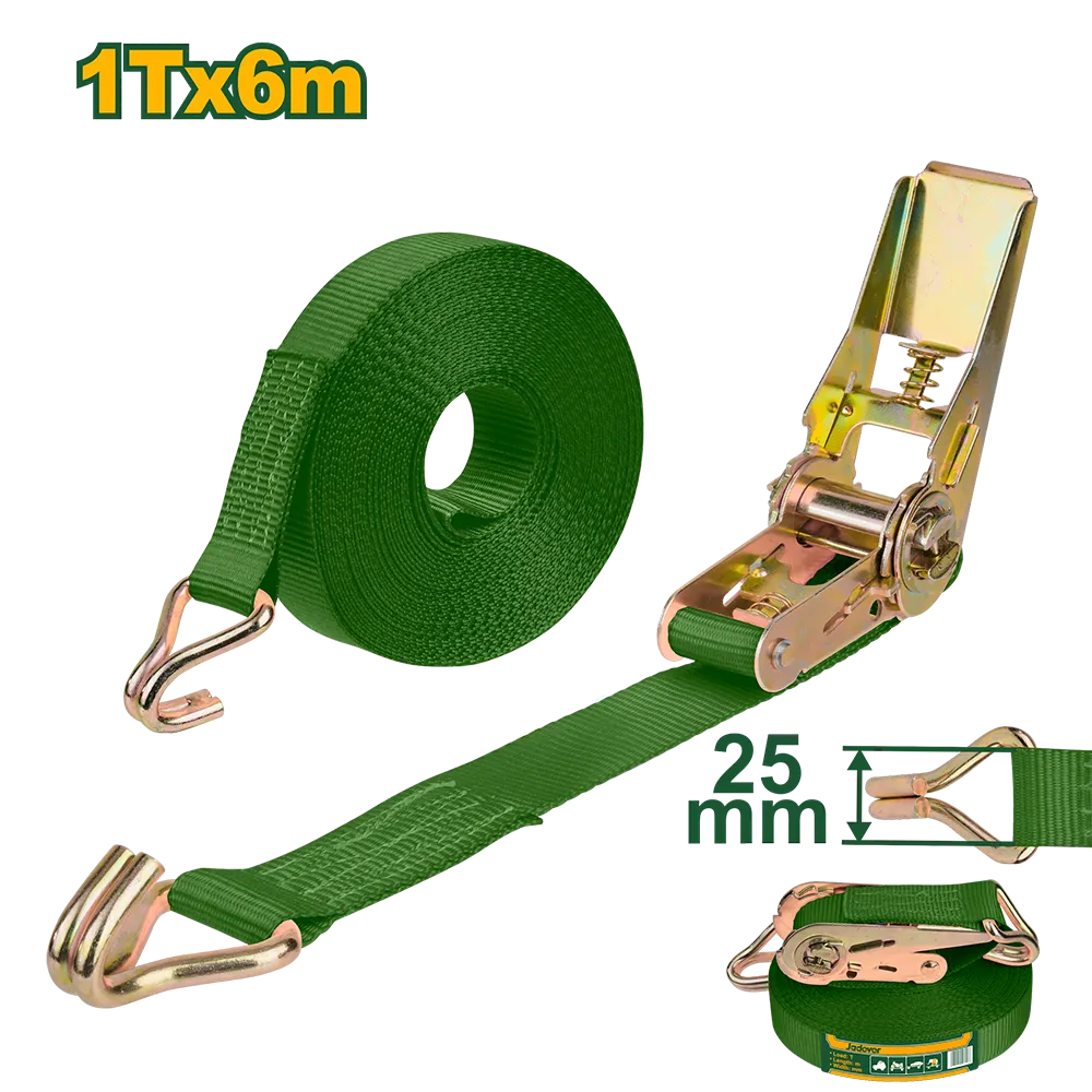 CINTA DE AMARRE - CARGA: 1T LARGO: 6M ANCHO: 25 MM MATERIAL DE LA CINTA: PES CON TRINQUETE Y GANCHOS DOBLE J EMPAQUETADO POR ETIQUETA