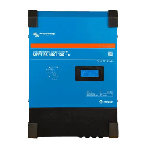 Regulador de carga SmartSolar MPPT RS 450/100-Tr. Amplio rango de tensión entrada PV. 2 MPPT. Pantalla y bluetooth incorporados. Corriente de carga 100A. Tensión max entrada VOC 450V. VDC 48V. Hasta 25 unidades en paralelo (conexión VE.can). 5 años de Garantía