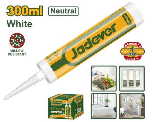 BLANCO SELLADOR DE SILICONA NEUTRA RESISTENTE AL MOHO CAPACIDAD: 300 ML / PIEZAS UN AÑO DE GARANTÍA FORMACIÓN DE LA PIEL: 5-10MIN (23 °C Y 50% H.R.) TIEMPO DE CURADO: 20H (23 °C Y 50% R.H)