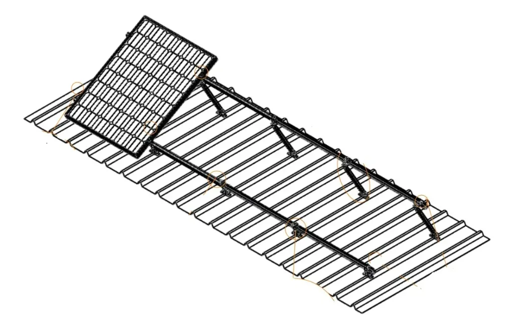 Estructura soporte aluminio montaje inclinado para 4 paneles techo metalico con angulo de inclinación 15-30°